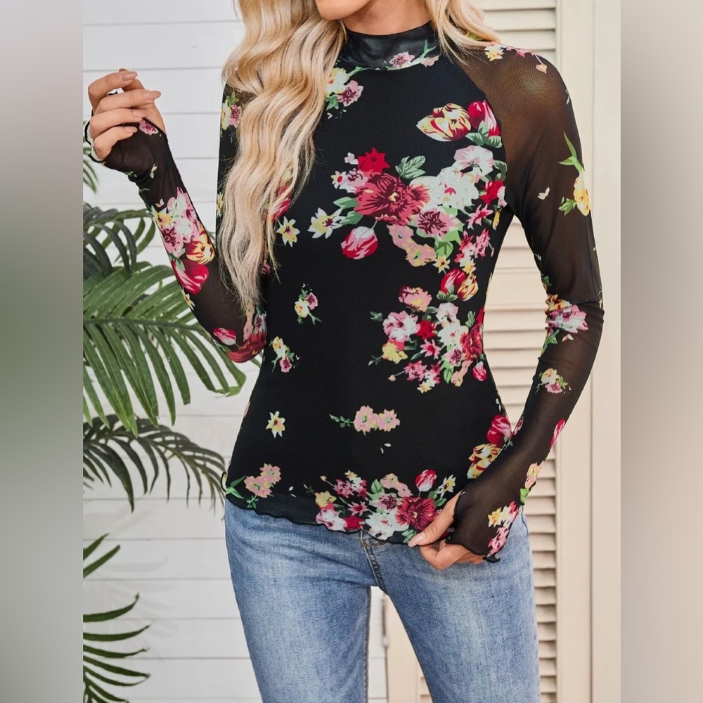Black Floral Lace Mesh Layering Top